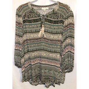Farmers Market Shirt 3/4 Sleeve Green Tan Blue Maroon Tassles Women’s 2X